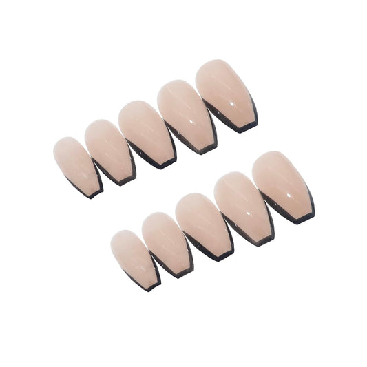 Coffin Press-On Nails Medium - Black French Tip Ballerina Acrylic Nails Natural Glossy Glue-Ons 24Pcs