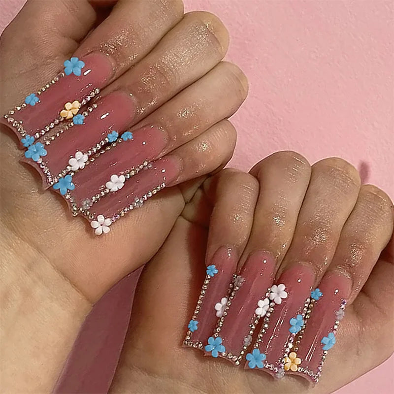 24Pcs Rhinestones Press on Nails Art Datachable Glitter French Acrylic Nails Tip Flower Long Square Fake Nail Pink False Nails