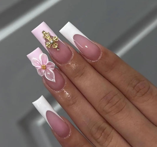 3D Floral Press on Nails: French Tip, Cross Charm, Handmade