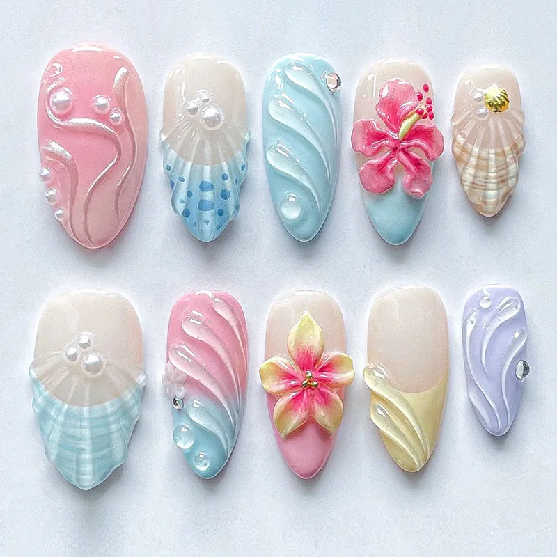 24PCS Almond Press on Nails Summer Pink 3D Flowers Shell Starfish Fake Nails for Women Blue Gradient French Beach False Nails