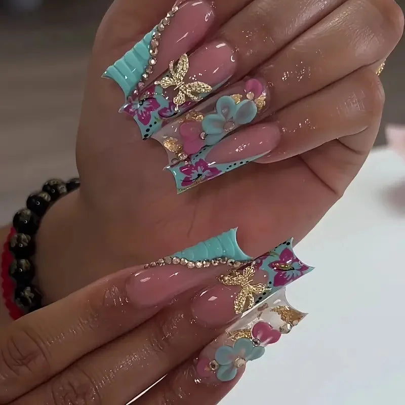 24Pcs Rhinestones Press on Nails Art Datachable Glitter French Acrylic Nails Tip Flower Long Square Fake Nail Pink False Nails