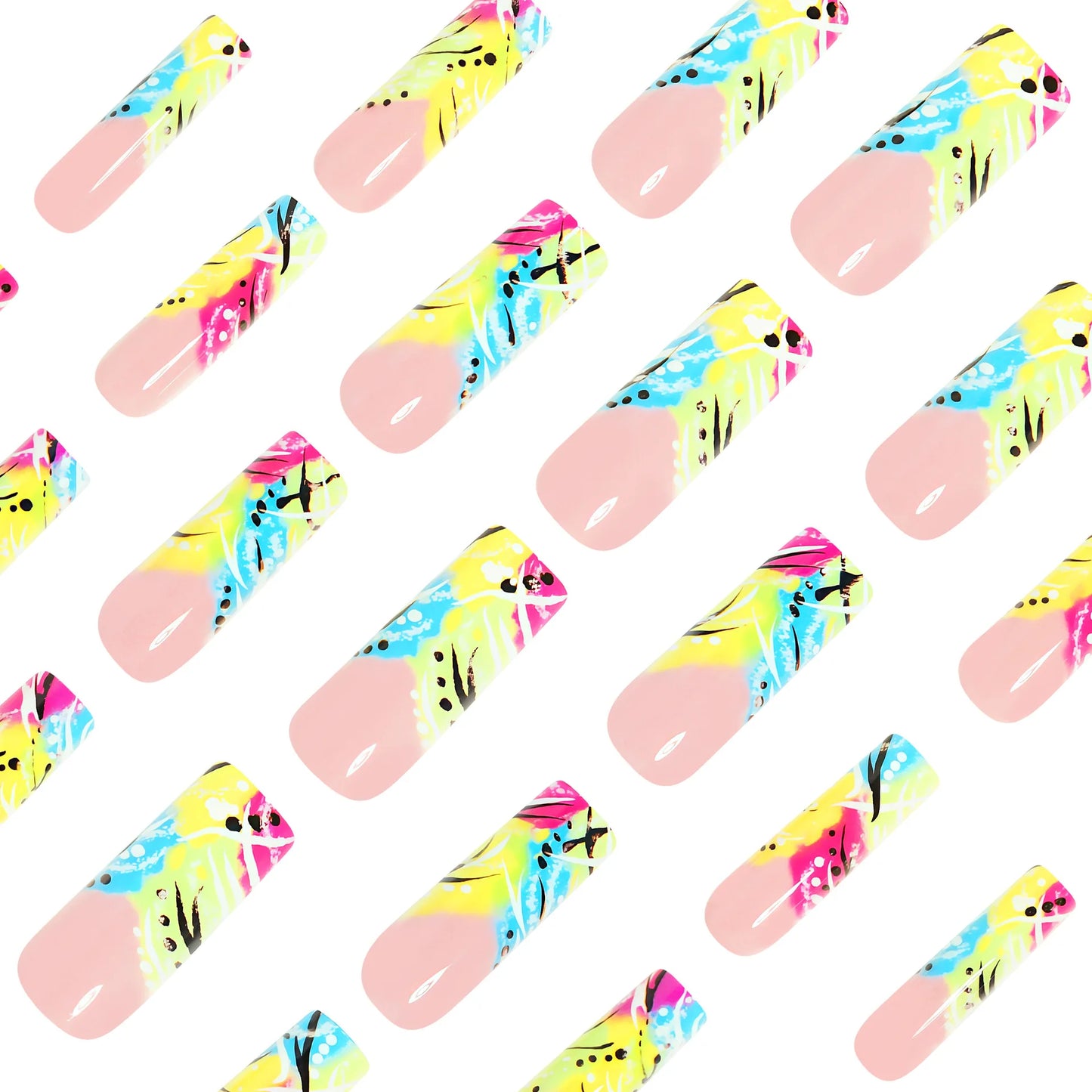 24PCS Y2K Extra Long Square Fake Nail with Abstract Graffiti Pattern Summer Neon Colorful Press on Nails Bold Nail Art for Women