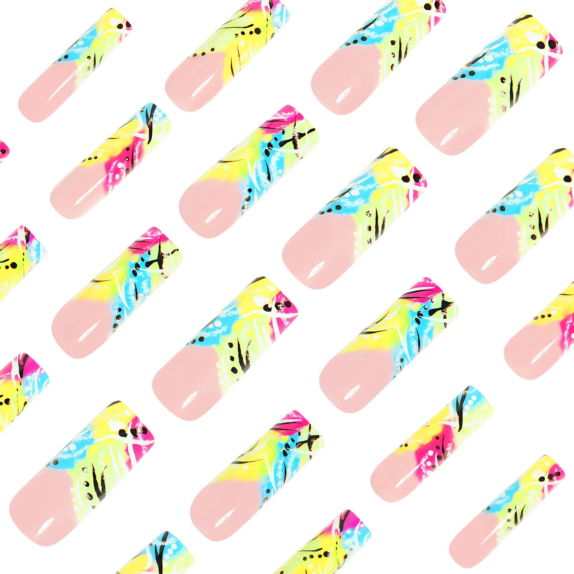 24PCS Y2K Extra Long Square Fake Nail with Abstract Graffiti Pattern Summer Neon Colorful Press on Nails Bold Nail Art for Women
