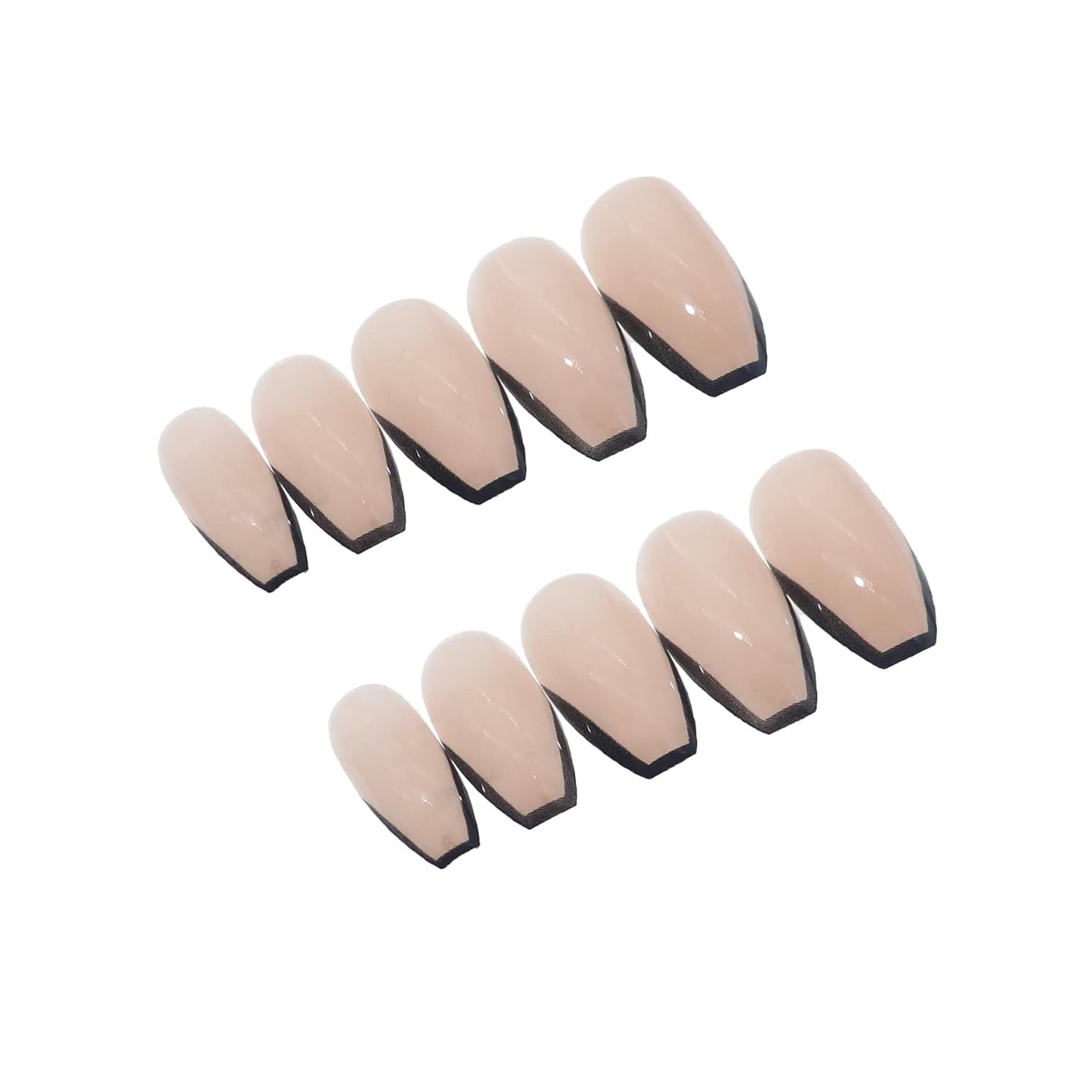 Coffin Press-On Nails Medium - Black French Tip Ballerina Acrylic Nails Natural Glossy Glue-Ons 24Pcs
