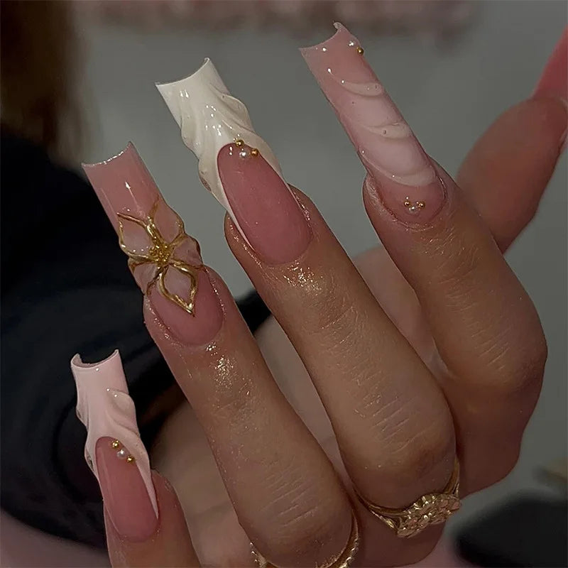 24Pcs Rhinestones Press on Nails Art Datachable Glitter French Acrylic Nails Tip Flower Long Square Fake Nail Pink False Nails
