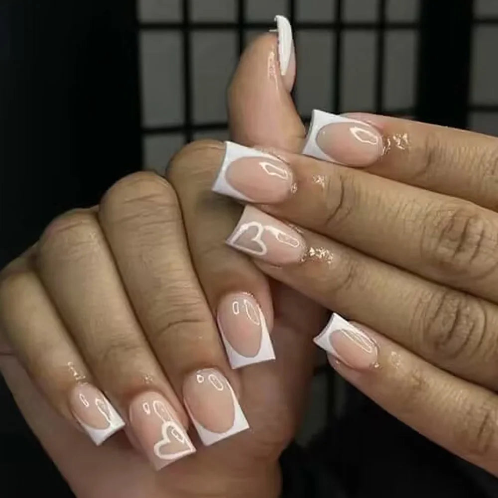 24Pcs/Set Short Square Fake Nails for Women Cute Bride Heart White French Tips Faux Ongles Y2K Press on False Nail Supplies