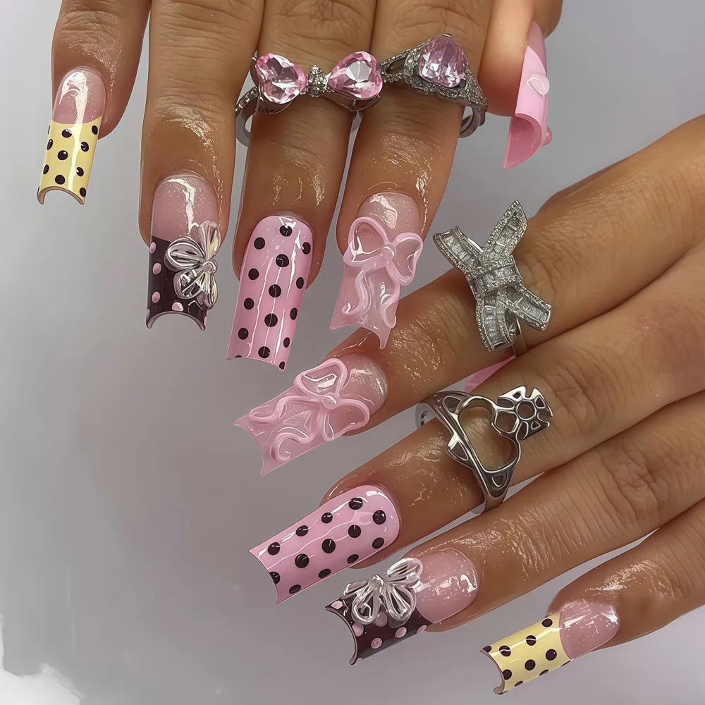 24Pcs Rhinestones Press on Nails Art Datachable Glitter French Acrylic Nails Tip Flower Long Square Fake Nail Pink False Nails