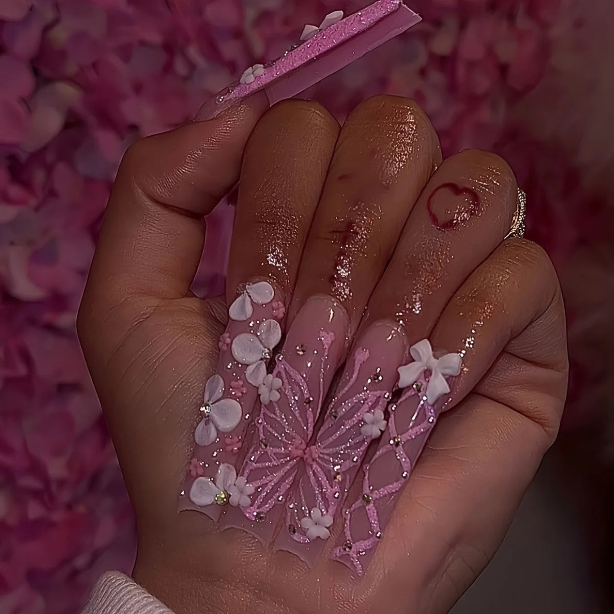 24Pcs Rhinestones Press on Nails Art Datachable Glitter French Acrylic Nails Tip Flower Long Square Fake Nail Pink False Nails