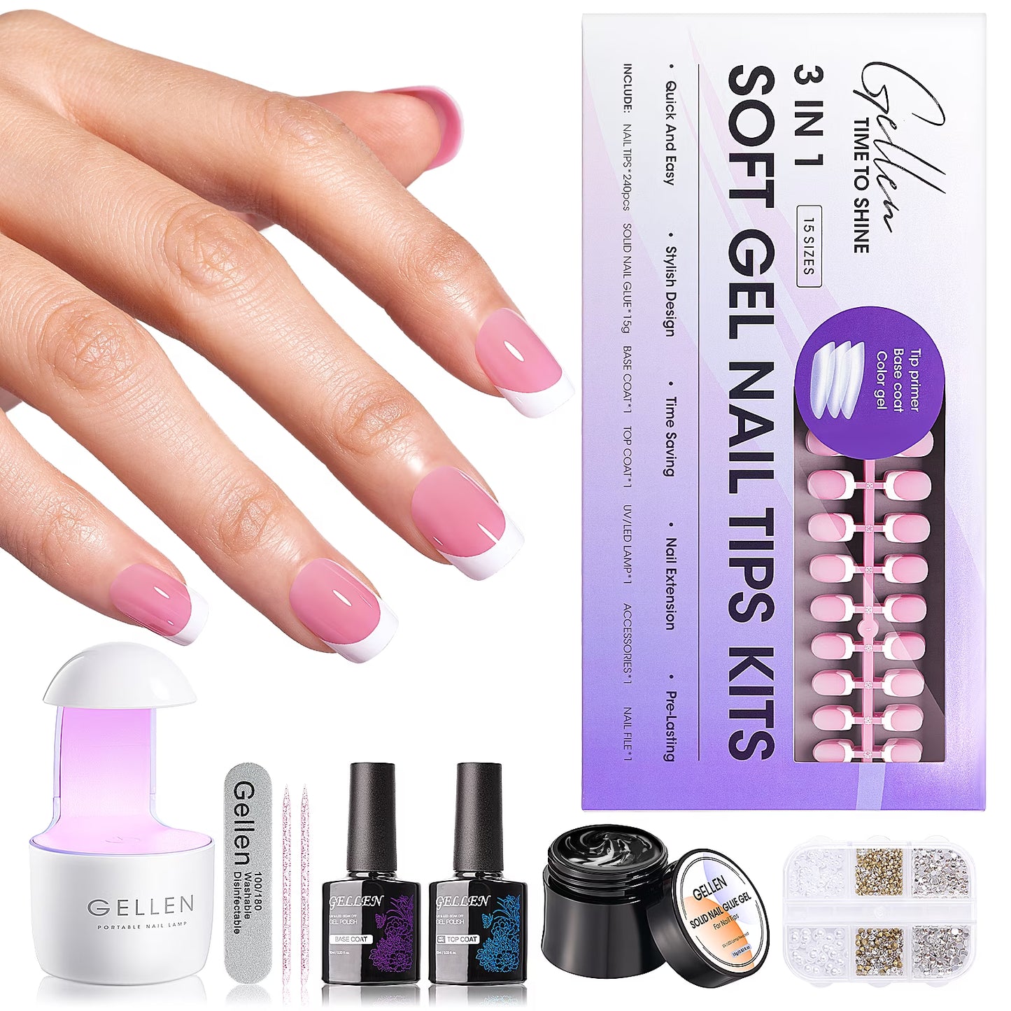 French Tips Gel Nail Kit - 240 Pcs Pink Short Square, Salon Acrylic Fake Nail Kits Including Gel Top Coat and Base Coat, UV Lamp, Solid Nail Glue Gel, Nail Charms for French Tip Manicure