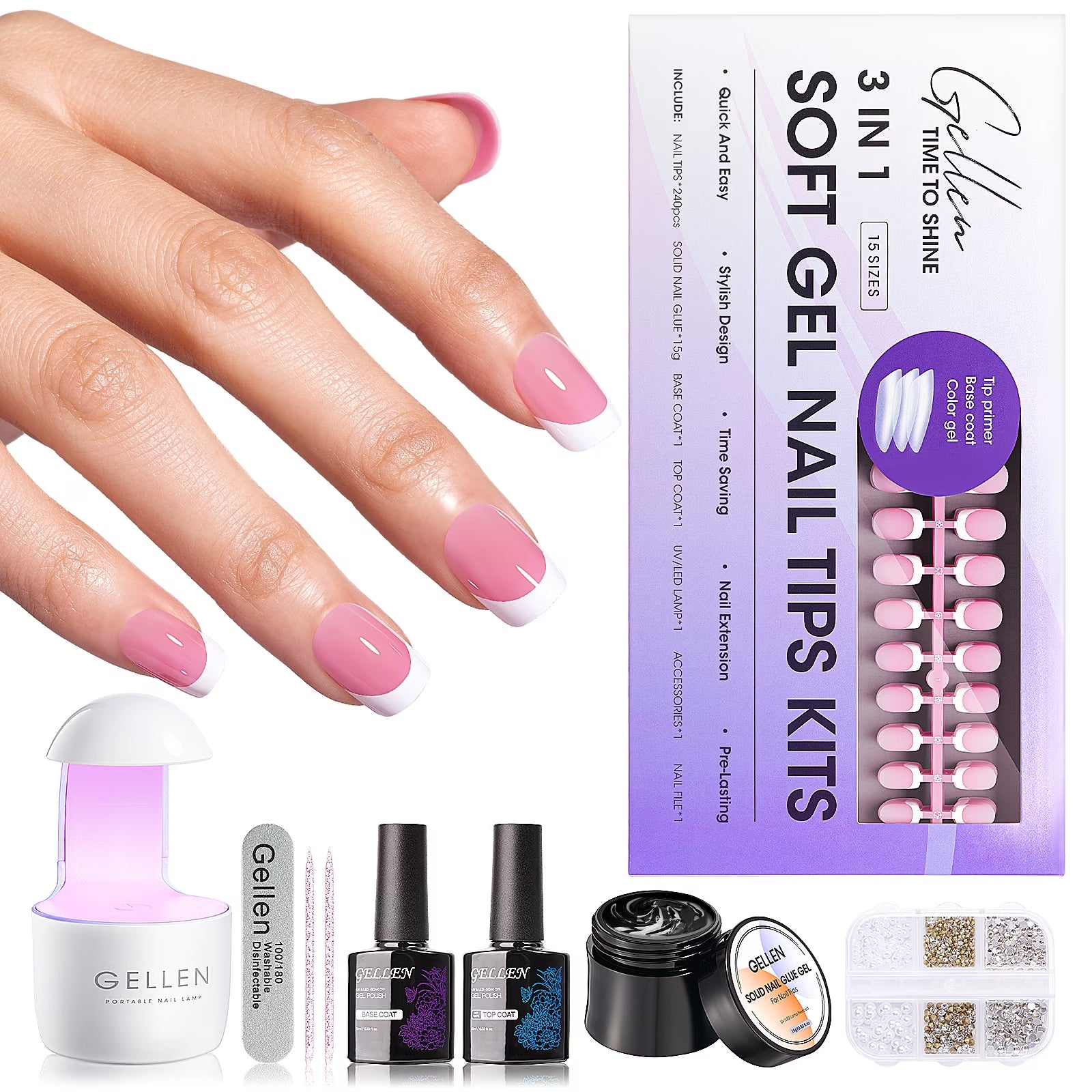 French Tips Gel Nail Kit - 240 Pcs Pink Short Square, Salon Acrylic Fake Nail Kits Including Gel Top Coat and Base Coat, UV Lamp, Solid Nail Glue Gel, Nail Charms for French Tip Manicure