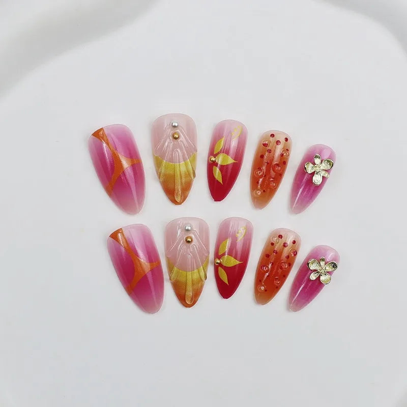 24PCS Summer Orange Pink Gradient 3D Shell Flowers French Fake Nails Sweet Wave Almond Press on Nails Full Cover Wearable Nails