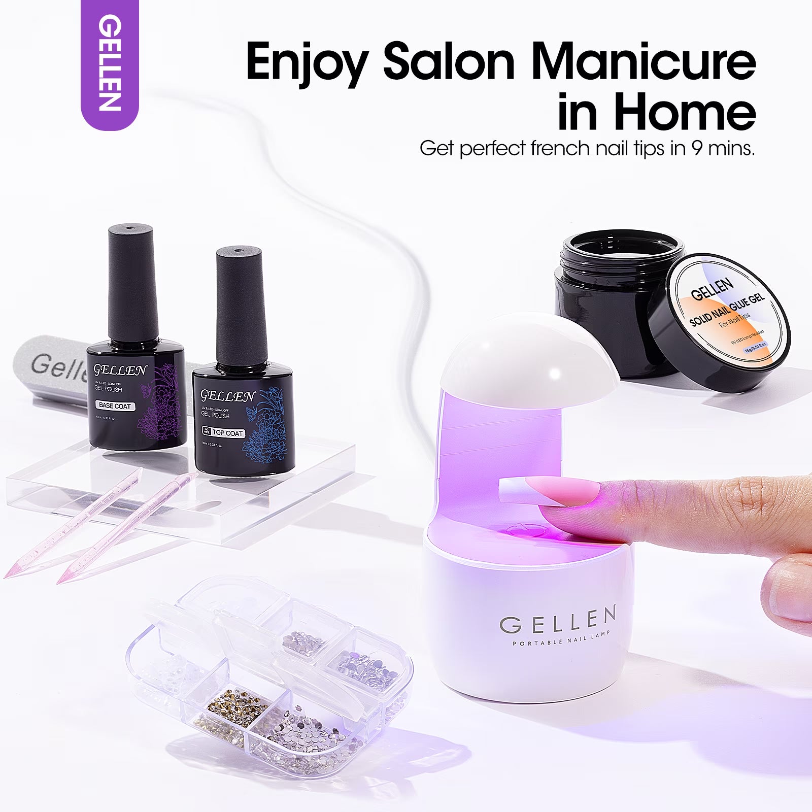 French Tips Gel Nail Kit - 240 Pcs Brown Long Square, Salon Acrylic Fake Nail Kits Including Gel Top Coat and Base Coat, UV Lamp, Solid Nail Glue Gel, Nail Charms for French Tip Manicure