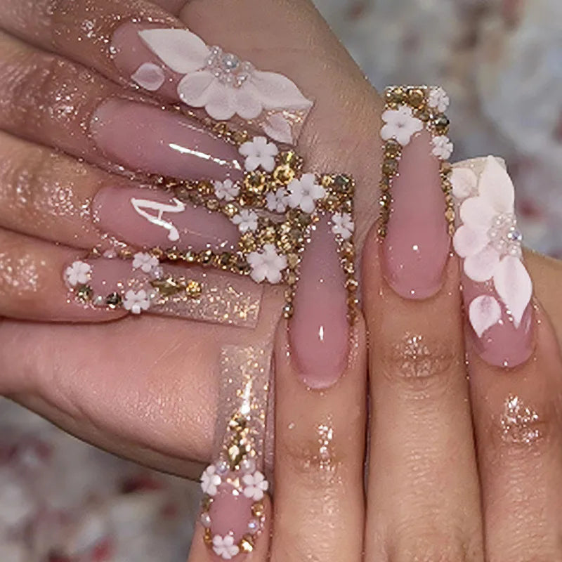 24Pcs Rhinestones Press on Nails Art Datachable Glitter French Acrylic Nails Tip Flower Long Square Fake Nail Pink False Nails