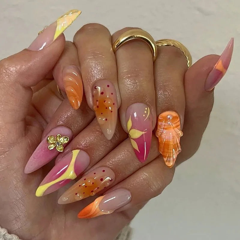 24PCS Summer Orange Pink Gradient 3D Shell Flowers French Fake Nails Sweet Wave Almond Press on Nails Full Cover Wearable Nails