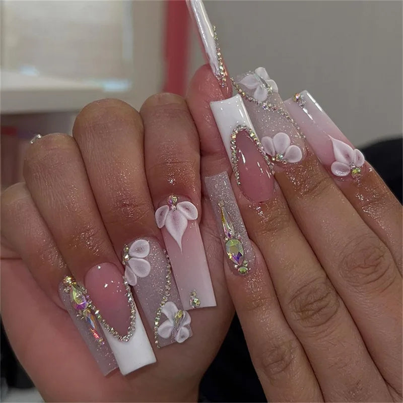 24Pcs Rhinestones Press on Nails Art Datachable Glitter French Acrylic Nails Tip Flower Long Square Fake Nail Pink False Nails