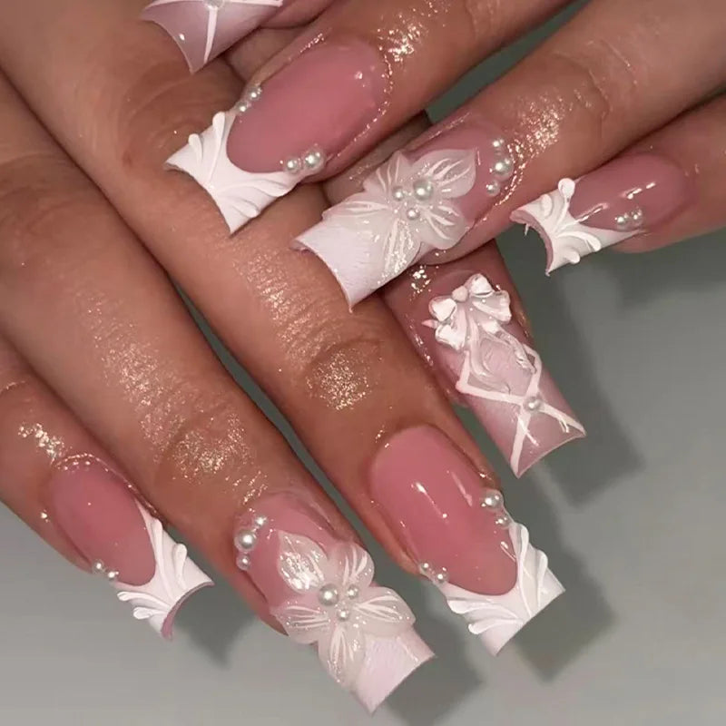 24Pcs Rhinestones Press on Nails Art Datachable Glitter French Acrylic Nails Tip Flower Long Square Fake Nail Pink False Nails