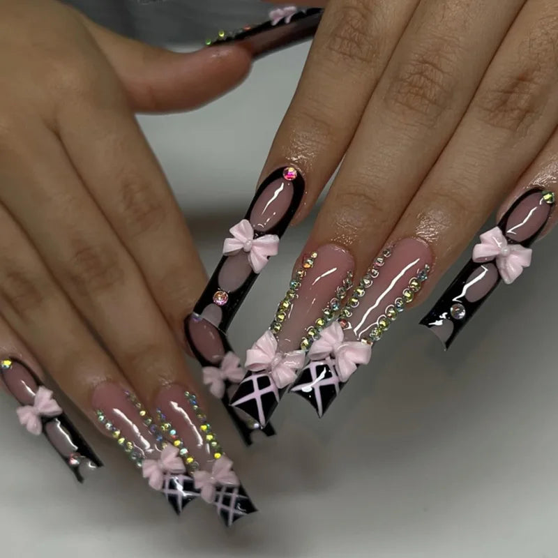 24Pcs Rhinestones Press on Nails Art Datachable Glitter French Acrylic Nails Tip Flower Long Square Fake Nail Pink False Nails