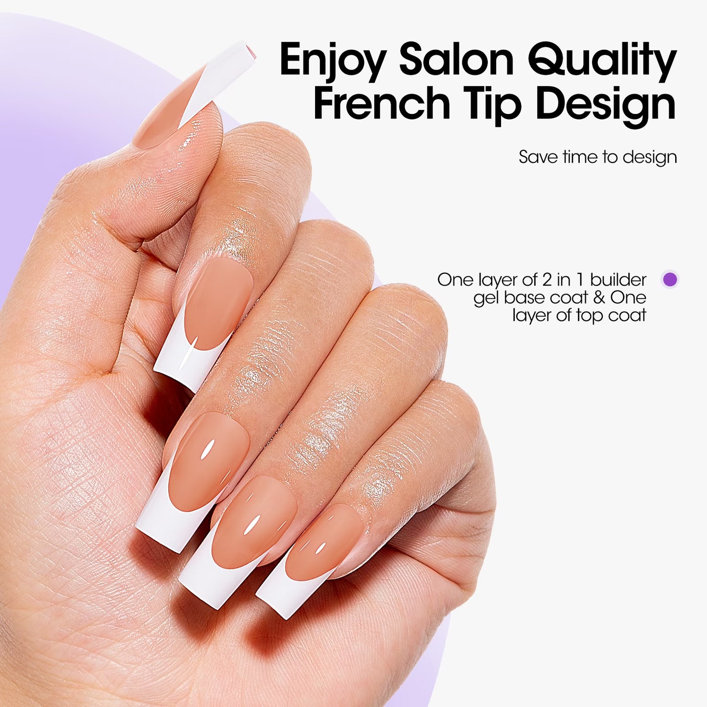 French Tips Gel Nail Kit - 240 Pcs Brown Long Square, Salon Acrylic Fake Nail Kits Including Gel Top Coat and Base Coat, UV Lamp, Solid Nail Glue Gel, Nail Charms for French Tip Manicure