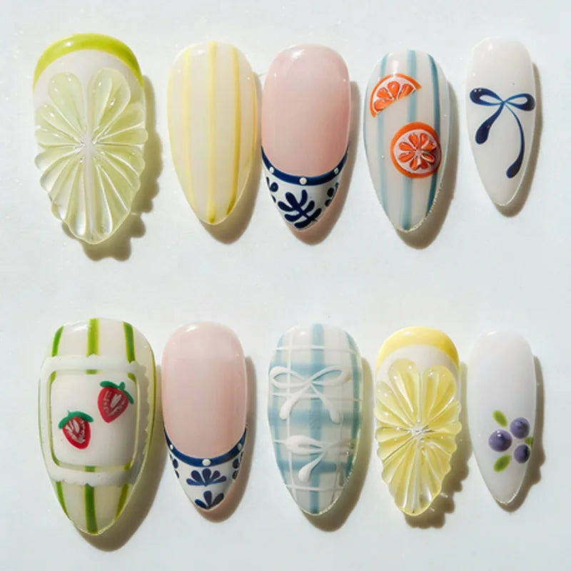 24PCS Almond Press on Nails Summer Pink 3D Flowers Shell Starfish Fake Nails for Women Blue Gradient French Beach False Nails