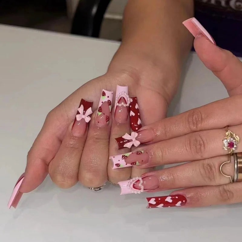 24Pcs Rhinestones Press on Nails Art Datachable Glitter French Acrylic Nails Tip Flower Long Square Fake Nail Pink False Nails