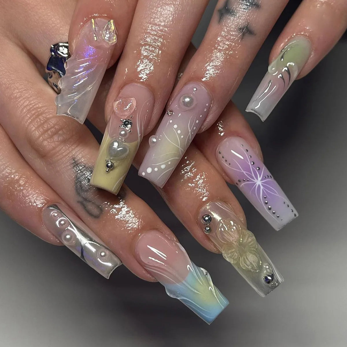 24PCS Y2K Extra Long Square Fake Nail with Abstract Graffiti Pattern Summer Neon Colorful Press on Nails Bold Nail Art for Women