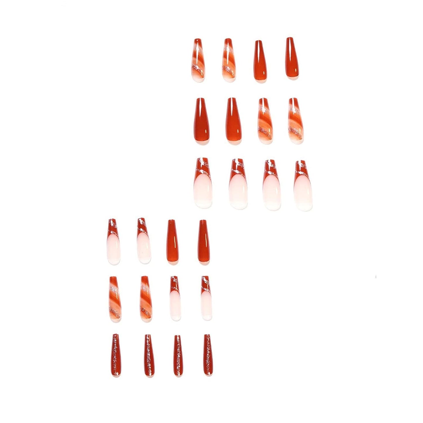 Press on False Nails Full Cover Glue Stick on Fake Nails - Long Coffin, Brown Fall Acrylic, 24Pcs, Bling Glossy Manicure for Women and Girls