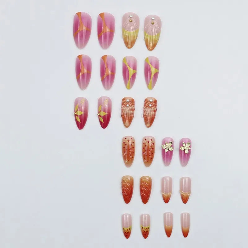 24PCS Summer Orange Pink Gradient 3D Shell Flowers French Fake Nails Sweet Wave Almond Press on Nails Full Cover Wearable Nails