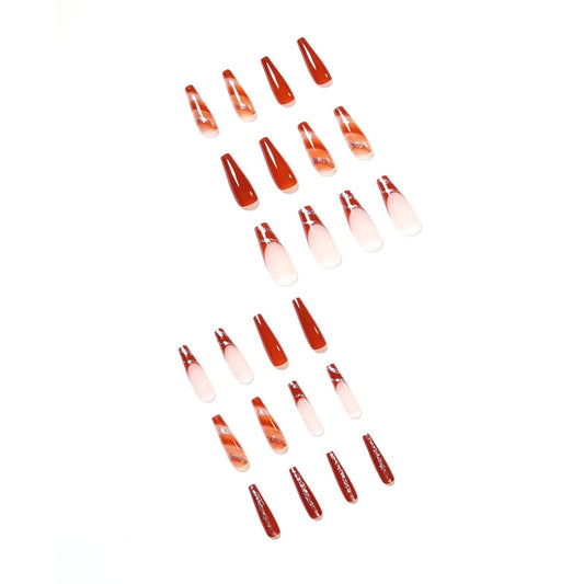 Press on False Nails Full Cover Glue Stick on Fake Nails - Long Coffin, Brown Fall Acrylic, 24Pcs, Bling Glossy Manicure for Women and Girls