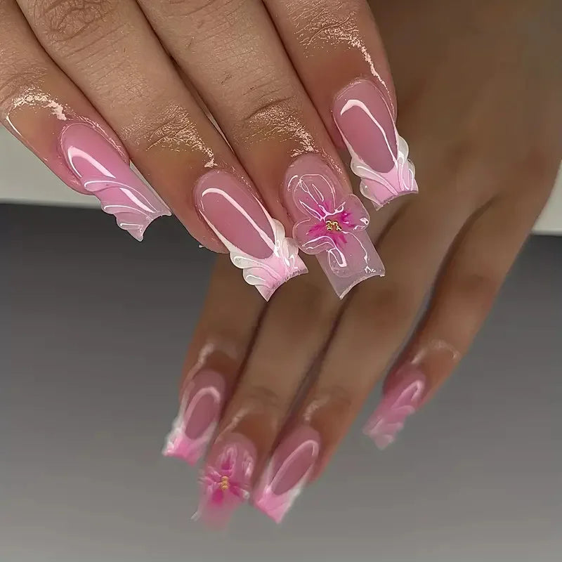 24Pcs Rhinestones Press on Nails Art Datachable Glitter French Acrylic Nails Tip Flower Long Square Fake Nail Pink False Nails