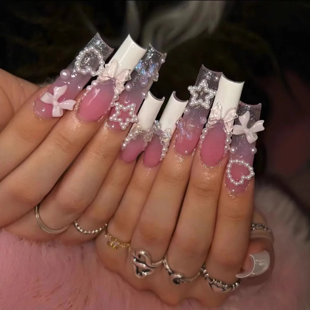 24Pcs Rhinestones Press on Nails Art Datachable Glitter French Acrylic Nails Tip Flower Long Square Fake Nail Pink False Nails