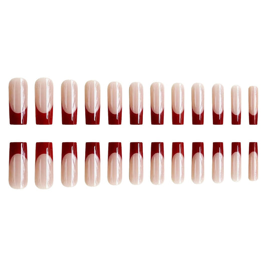Long Square Press on Nails Red French Tip Fake Nails Squoval Glue Ons Artificial Acrylic Nail 24Pcs Glossy with Goth Design