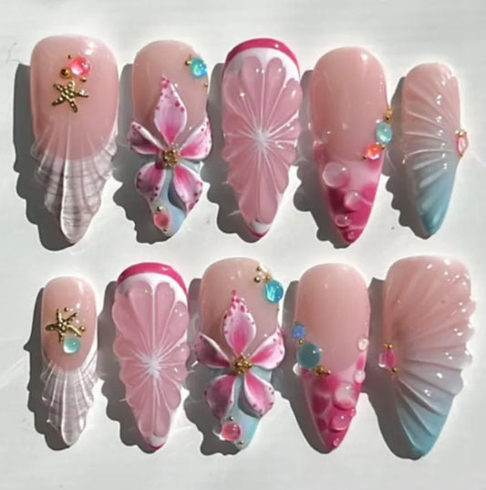 24PCS Almond Press on Nails Summer Pink 3D Flowers Shell Starfish Fake Nails for Women Blue Gradient French Beach False Nails