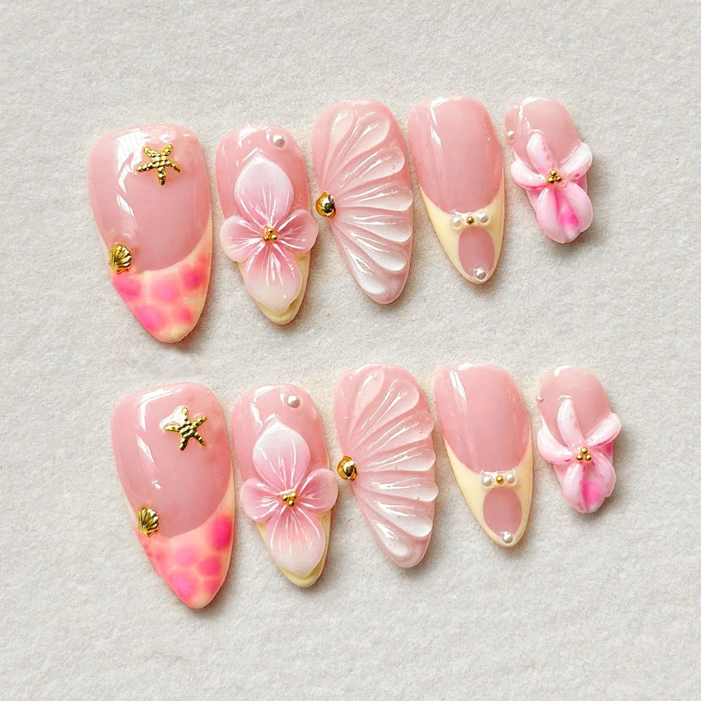 24PCS Summer Orange Pink Gradient 3D Shell Flowers French Fake Nails Sweet Wave Almond Press on Nails Full Cover Wearable Nails
