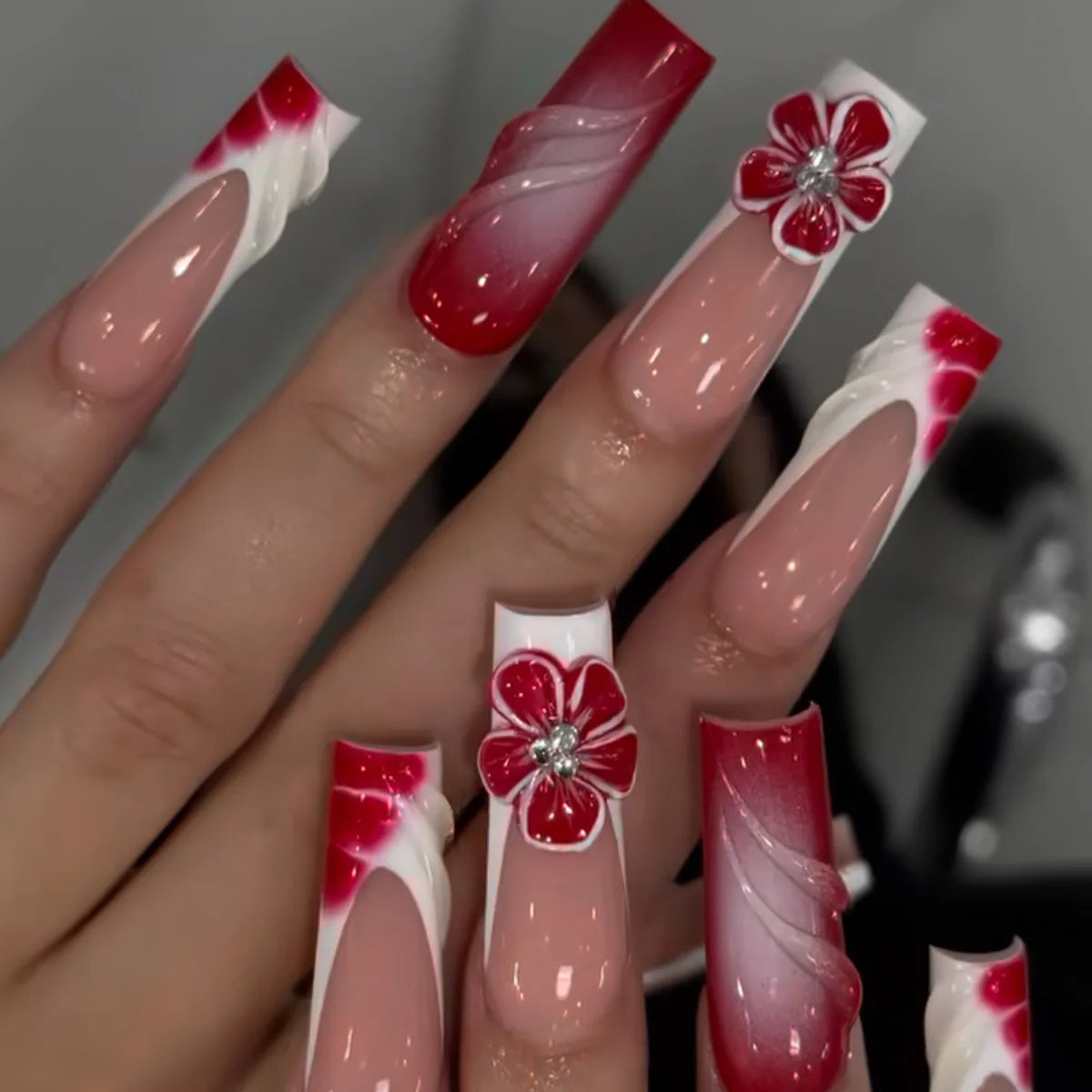 24Pcs Rhinestones Press on Nails Art Datachable Glitter French Acrylic Nails Tip Flower Long Square Fake Nail Pink False Nails
