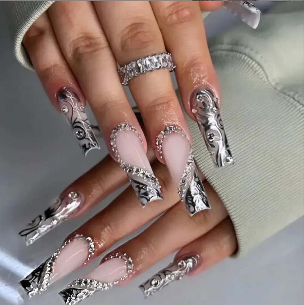 24Pcs Rhinestones Press on Nails Art Datachable Glitter French Acrylic Nails Tip Flower Long Square Fake Nail Pink False Nails