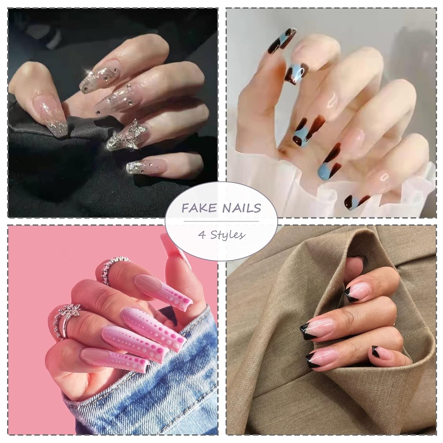 Press on False Nails Full Cover Glue Stick on Fake Nails - Long Coffin, Brown Fall Acrylic, 24Pcs, Bling Glossy Manicure for Women and Girls