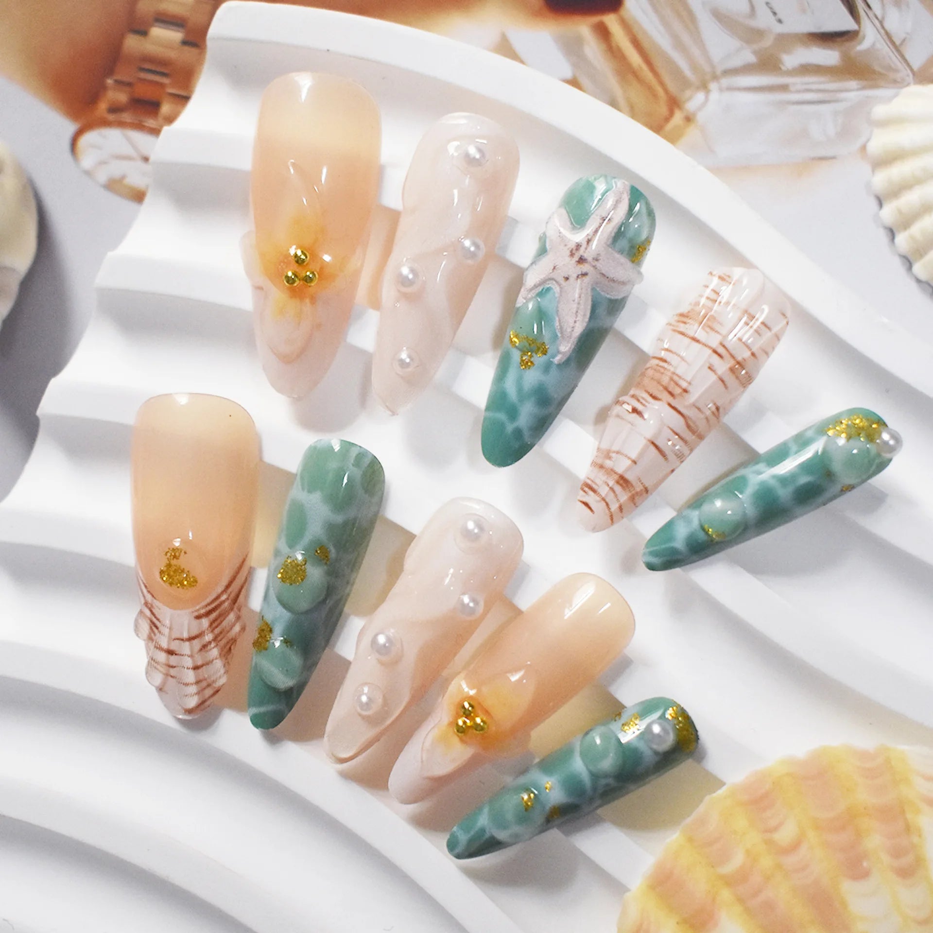 10PCS Beige Press on Nails Stiletto Fake Nails with 3D Starfish Shell Flower Pearl Gold Summer Beach Ocean Nail Art for Women
