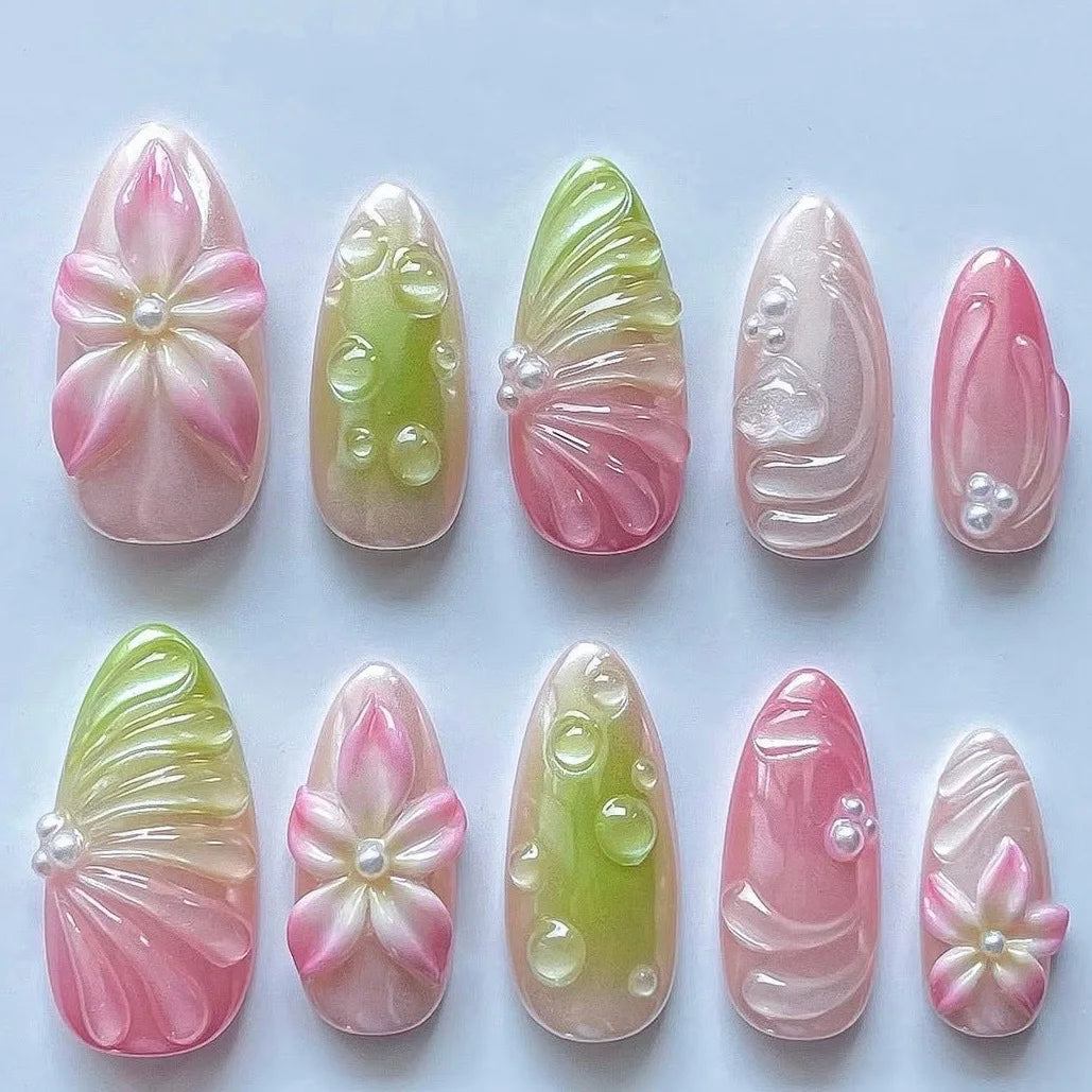24PCS Summer Orange Pink Gradient 3D Shell Flowers French Fake Nails Sweet Wave Almond Press on Nails Full Cover Wearable Nails