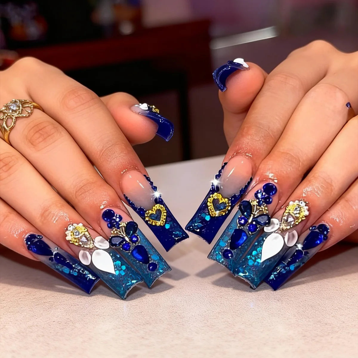 24PCS Y2K Extra Long Square Fake Nail with Abstract Graffiti Pattern Summer Neon Colorful Press on Nails Bold Nail Art for Women