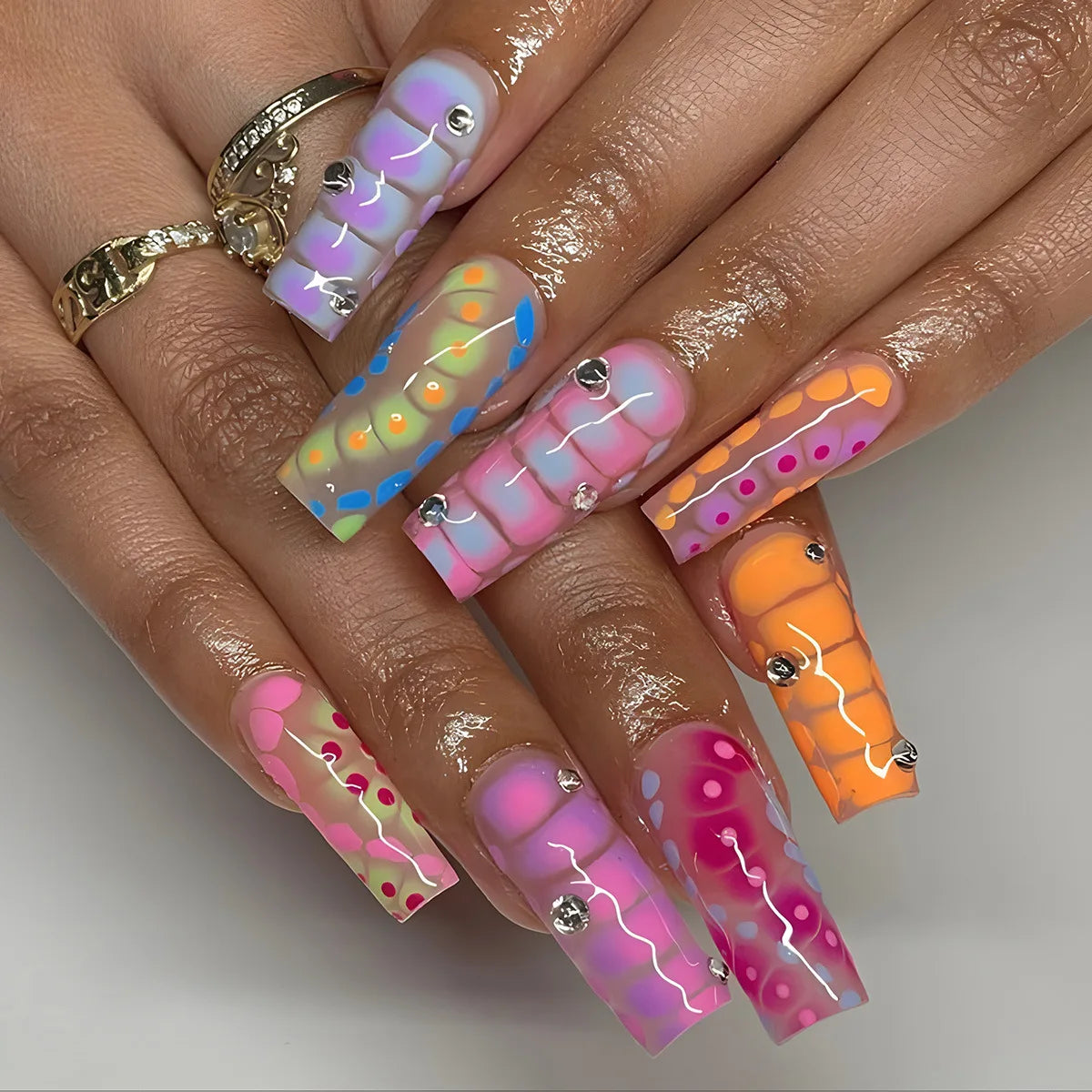 24PCS Y2K Extra Long Square Fake Nail with Abstract Graffiti Pattern Summer Neon Colorful Press on Nails Bold Nail Art for Women