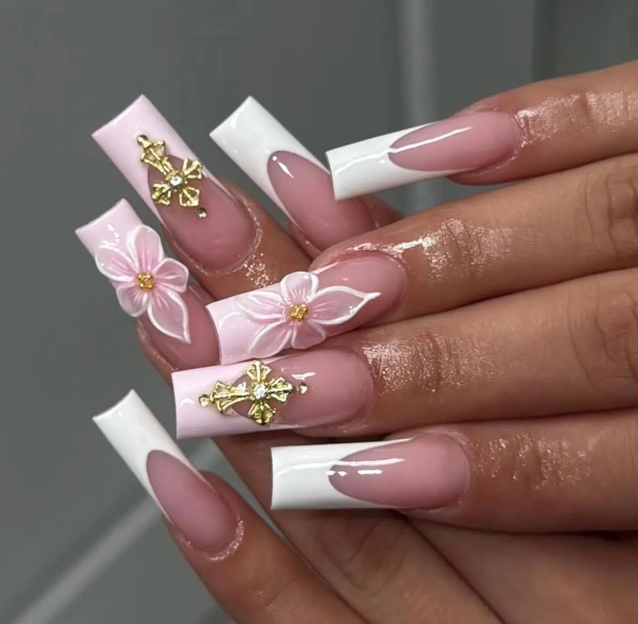 3D Floral Press on Nails: French Tip, Cross Charm, Handmade