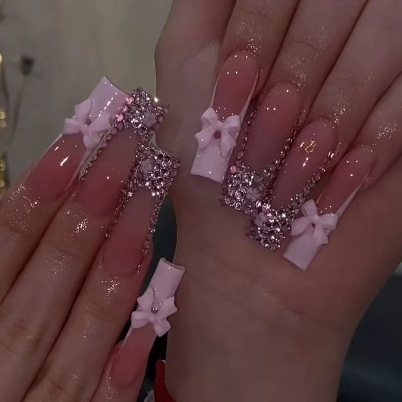 24Pcs Rhinestones Press on Nails Art Datachable Glitter French Acrylic Nails Tip Flower Long Square Fake Nail Pink False Nails