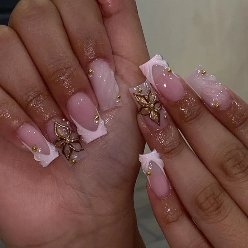 24Pcs French Pink Nails Sets Press on Flower Design Summer Square Fake Nails Tips Spiral Pattern False Nail Mid-Length Manicure