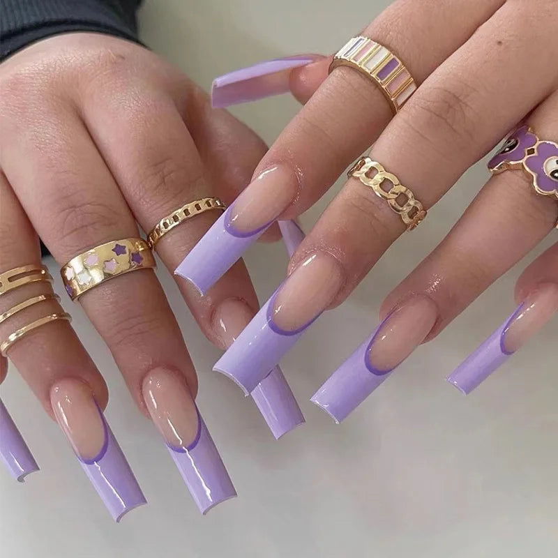 24Pcs Rhinestones Press on Nails Art Datachable Glitter French Acrylic Nails Tip Flower Long Square Fake Nail Pink False Nails