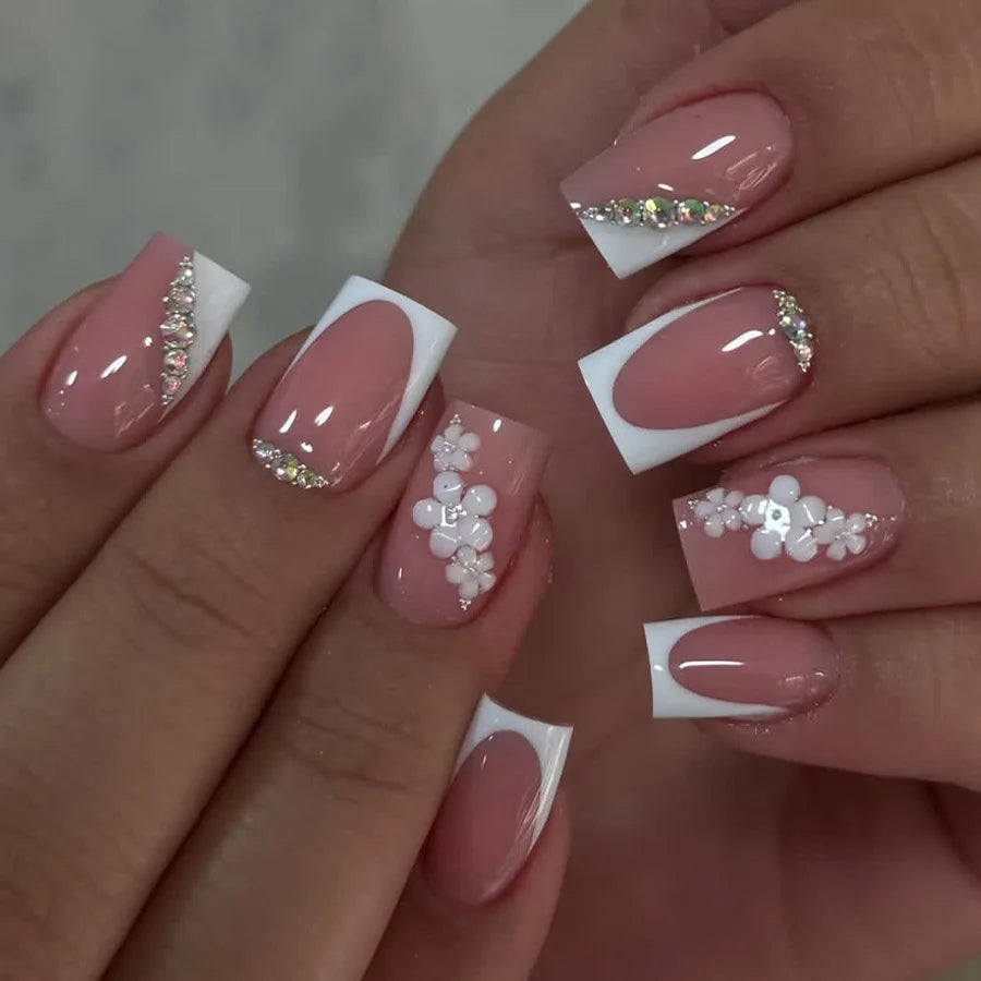 24Pcs French Pink Nails Sets Press on Flower Design Summer Square Fake Nails Tips Spiral Pattern False Nail Mid-Length Manicure