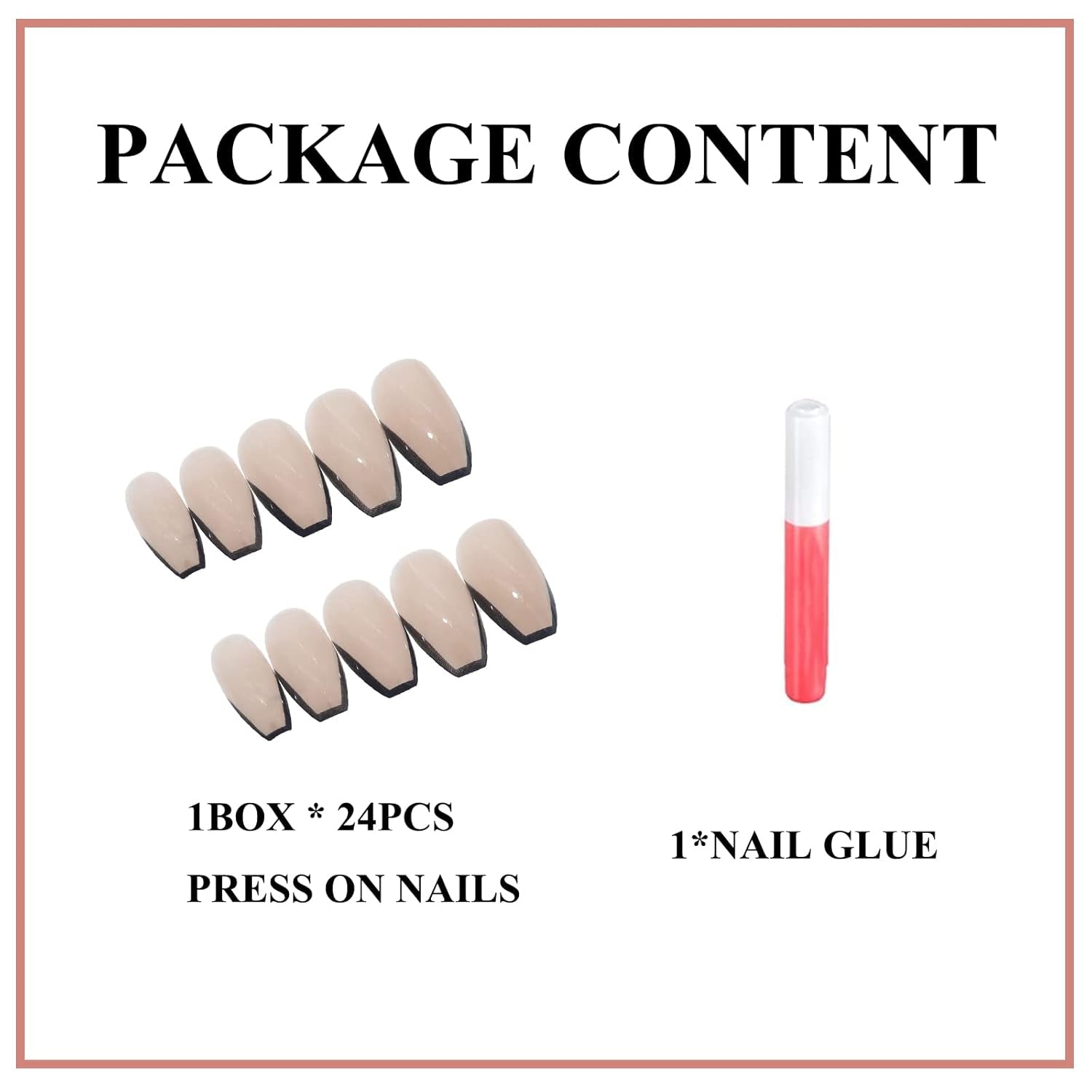 Coffin Press-On Nails Medium - Black French Tip Ballerina Acrylic Nails Natural Glossy Glue-Ons 24Pcs