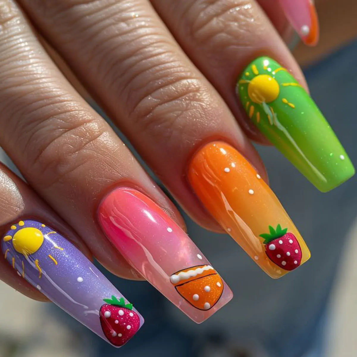24PCS Y2K Extra Long Square Fake Nail with Abstract Graffiti Pattern Summer Neon Colorful Press on Nails Bold Nail Art for Women