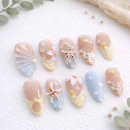 3D Ocean Beach Press on Nails Set, Starfish Shell Summer Nails, Hand Painted Mermaid Seashell Press on Nails, Cute Vacation Nail Art
