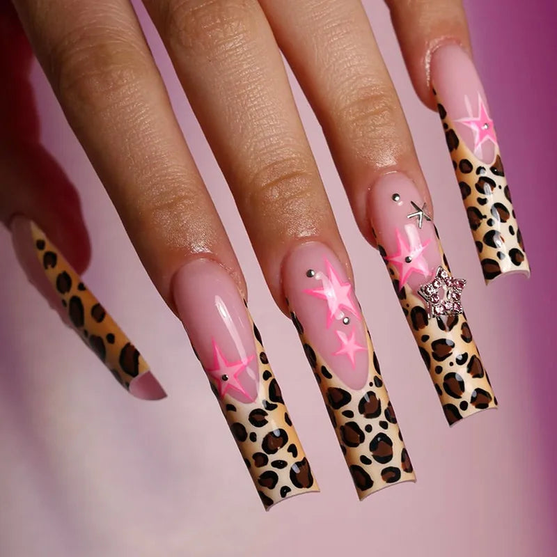 24Pcs Rhinestones Press on Nails Art Datachable Glitter French Acrylic Nails Tip Flower Long Square Fake Nail Pink False Nails
