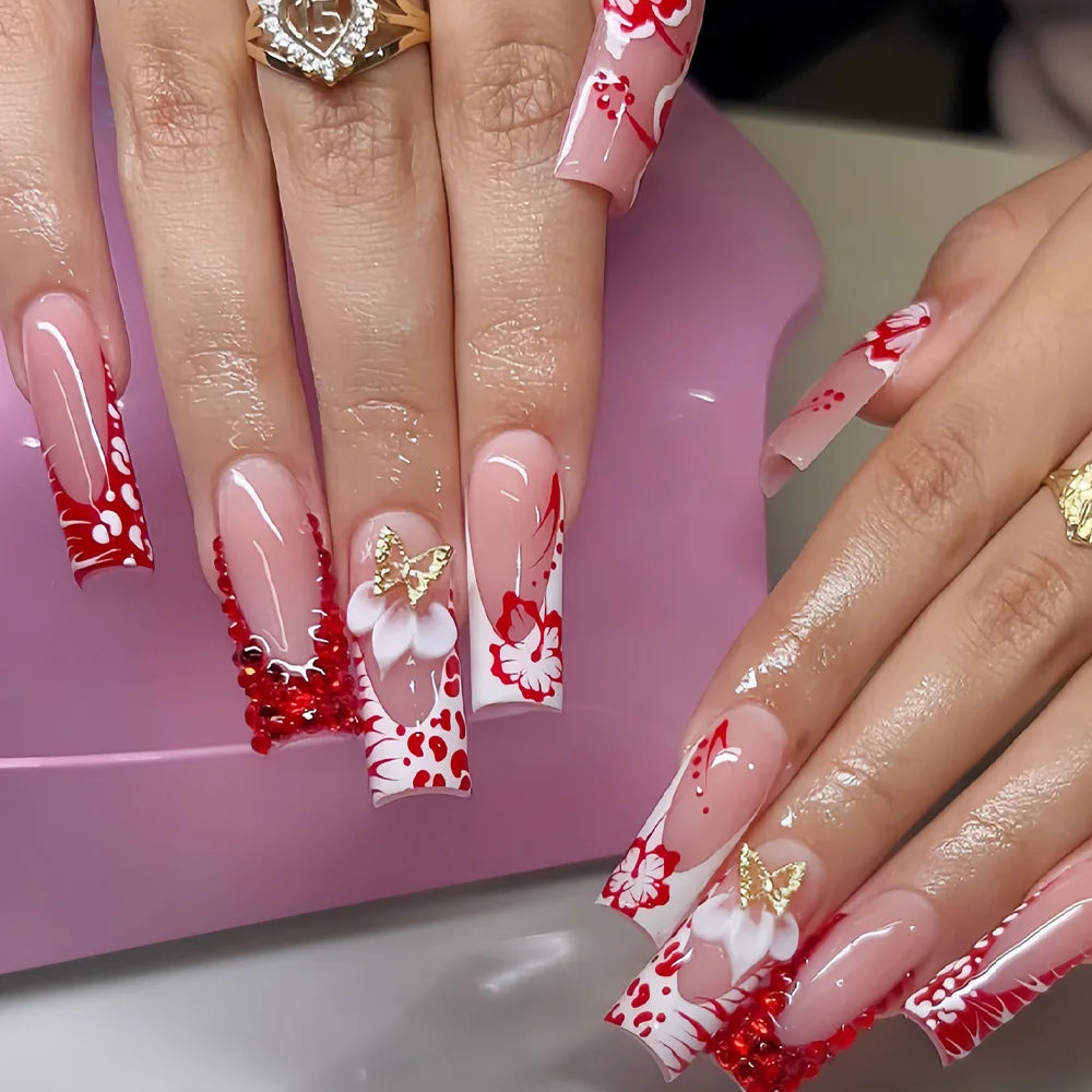 24Pcs Rhinestones Press on Nails Art Datachable Glitter French Acrylic Nails Tip Flower Long Square Fake Nail Pink False Nails